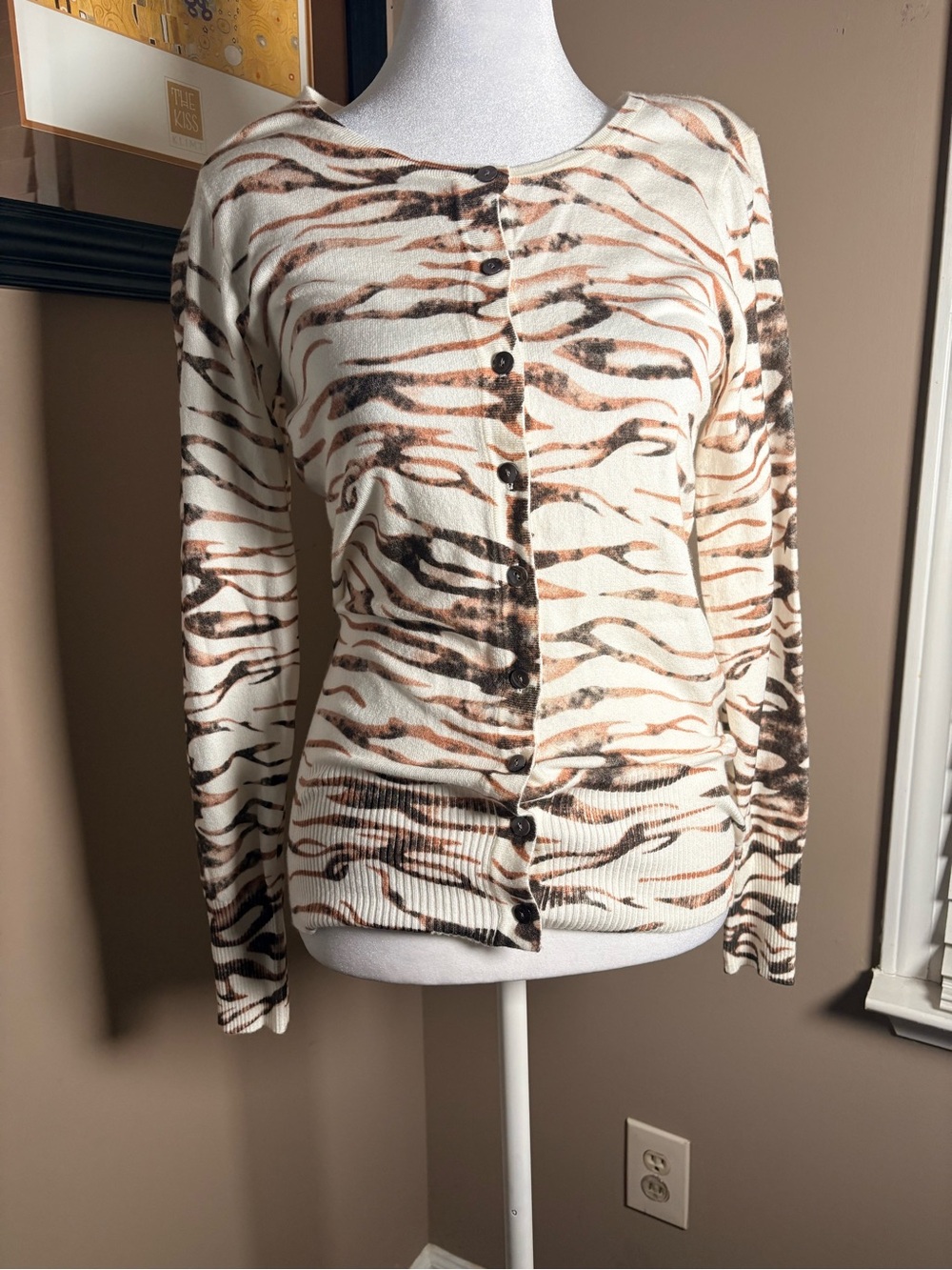 Cream and Brown Animal-Print Button Cardigan Sweater